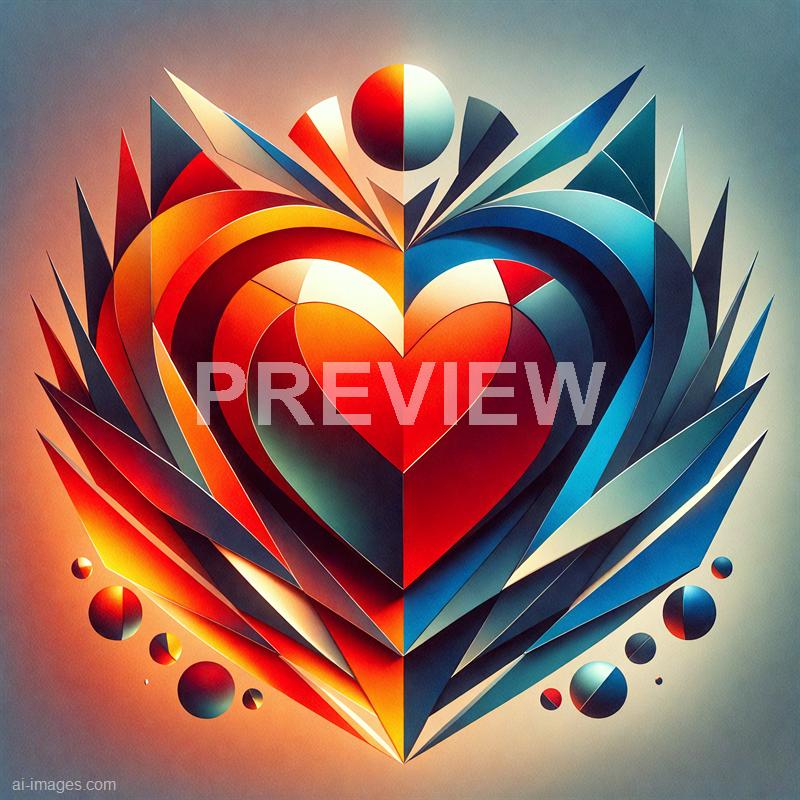The image features a vibrant, abstract geometric design centered around a heart shape, which is divided into warm red, orange, and yellow hues on the left side and cooler blue and teal shades on the right side. Surrounding the heart are sharp, angular shapes that radiate outward, creating a layered, three-dimensional effect, with small spherical elements scattered at the bottom. The background transitions smoothly from a darker, muted tone to a lighter gradient, emphasizing the vividness of the geometric forms.